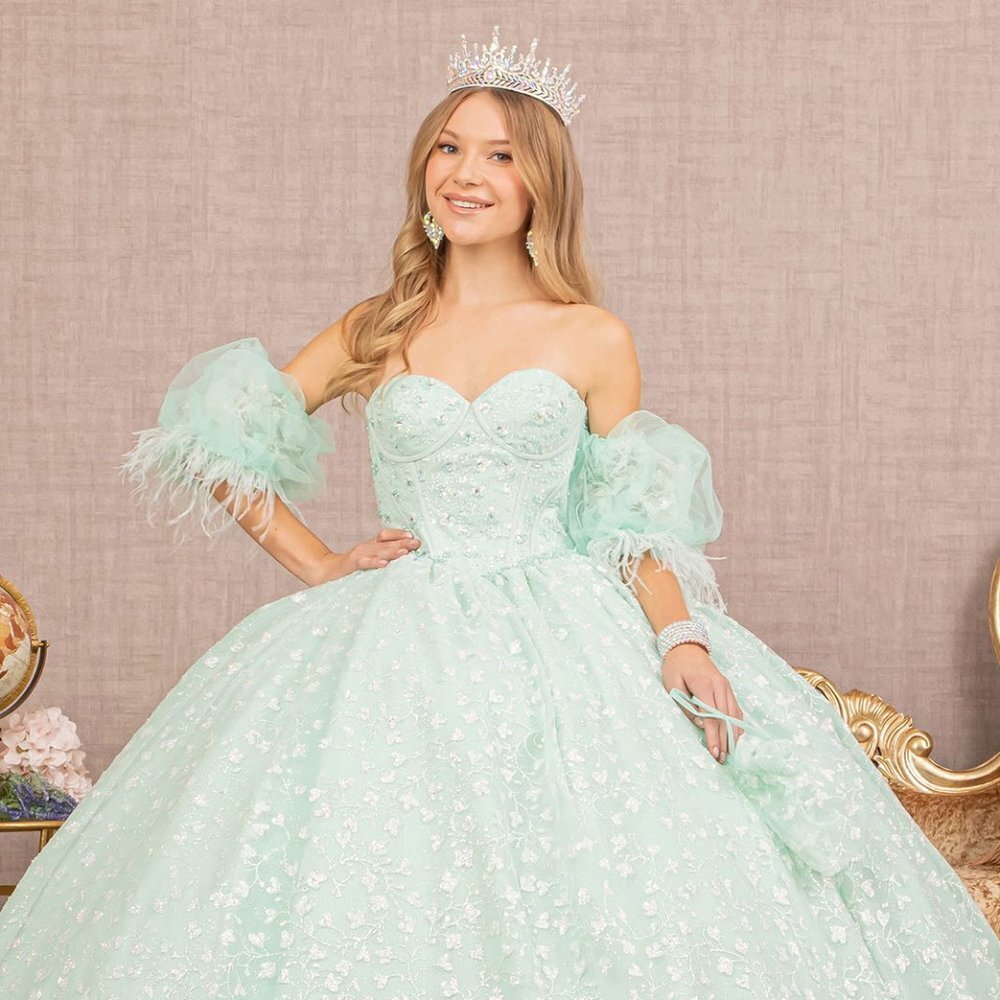 NEW LONG OFF SHOULDER STRAPLESS MESH DRESS WITH REMOVABLE PUFF SLEEVES GL3176
